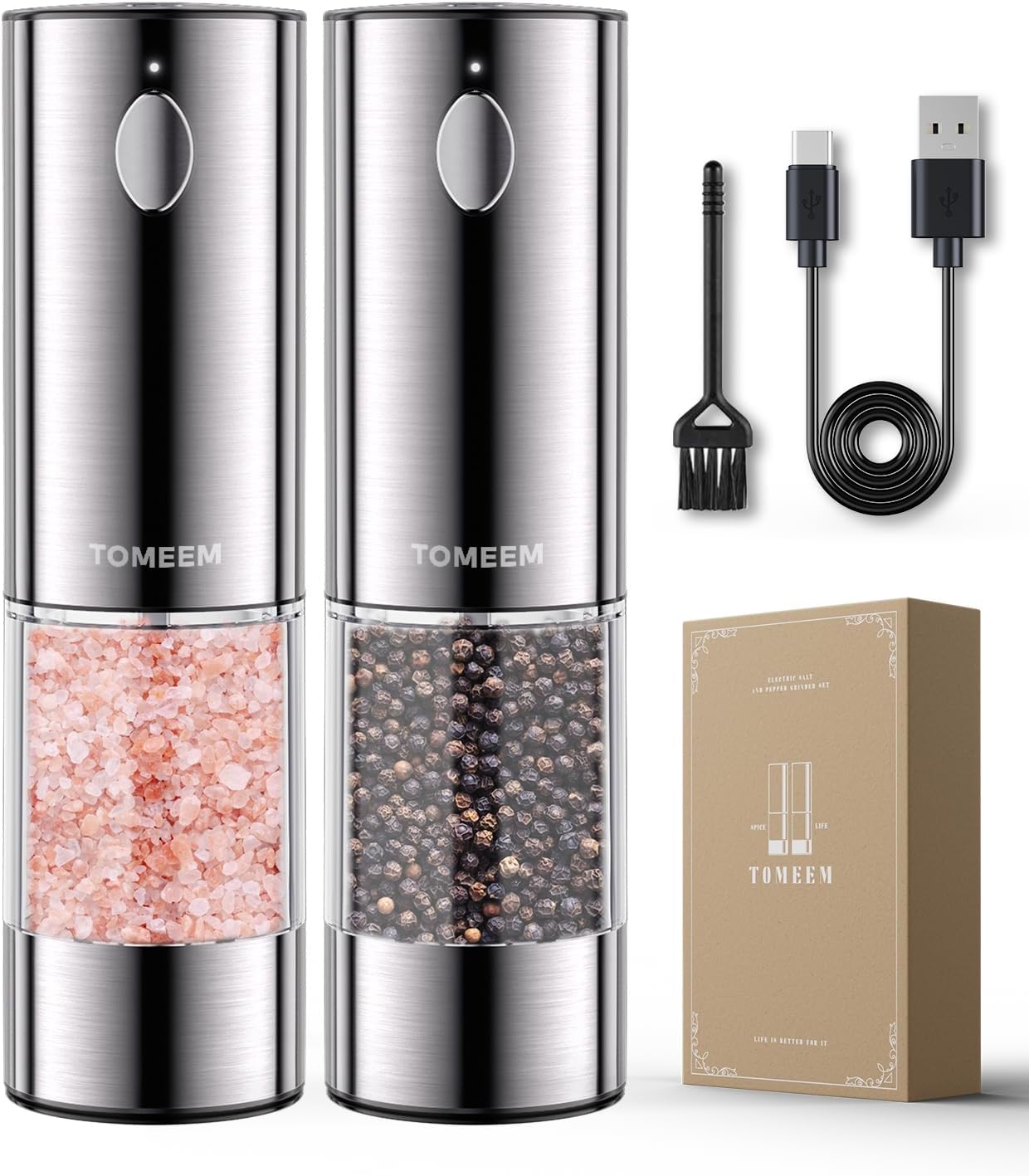 TOMEEM Upgraded Larger Capacity Electric Salt and Pepper Grinder Set Rechargeable with LED lights, Stainless Steel Automatic Pepper and Salt Grinder Refillable with 5 Adjustable Coarseness
