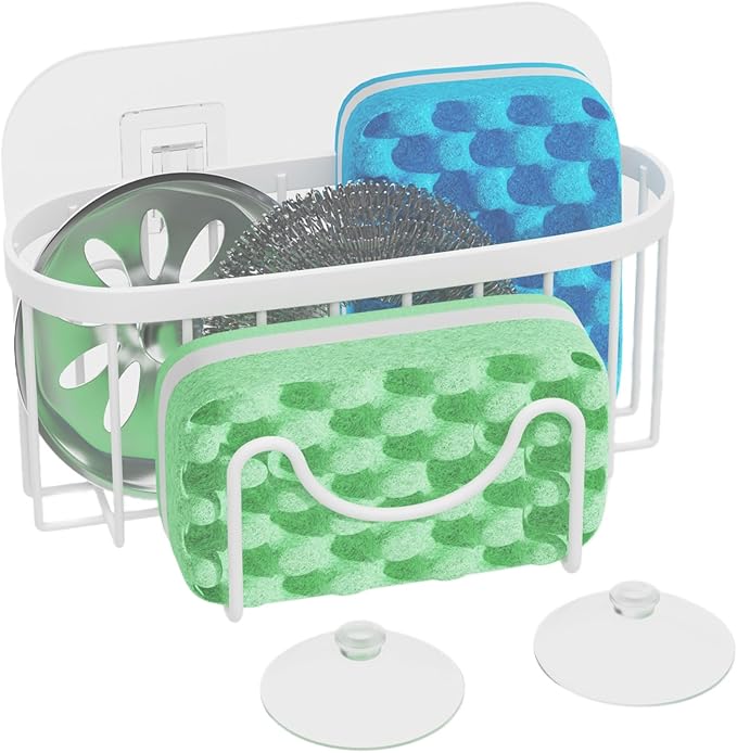 HapiRm Sponge Holder for Kitchen Sink - Sink Caddy with Unique M-Shaped, 2 Installation Methods Kitchen Organizer, Rustproof Stainless Steel Sponge Caddy - White