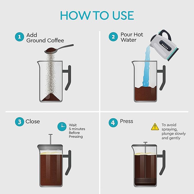 Belwares French Press Coffee Maker 34 Oz - Insulated Coffee Press Stainless Steel 304 - Double Wall & 4 Level Filtration System (1 Liter) - Black