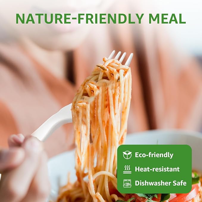 100% Compostable Forks 180 Count Disposable Forks bulk Utensils Set Heavy Duty Fork Silverware Eco Friendly Flatware for Party Camping Picnics Wedding-Ivory White