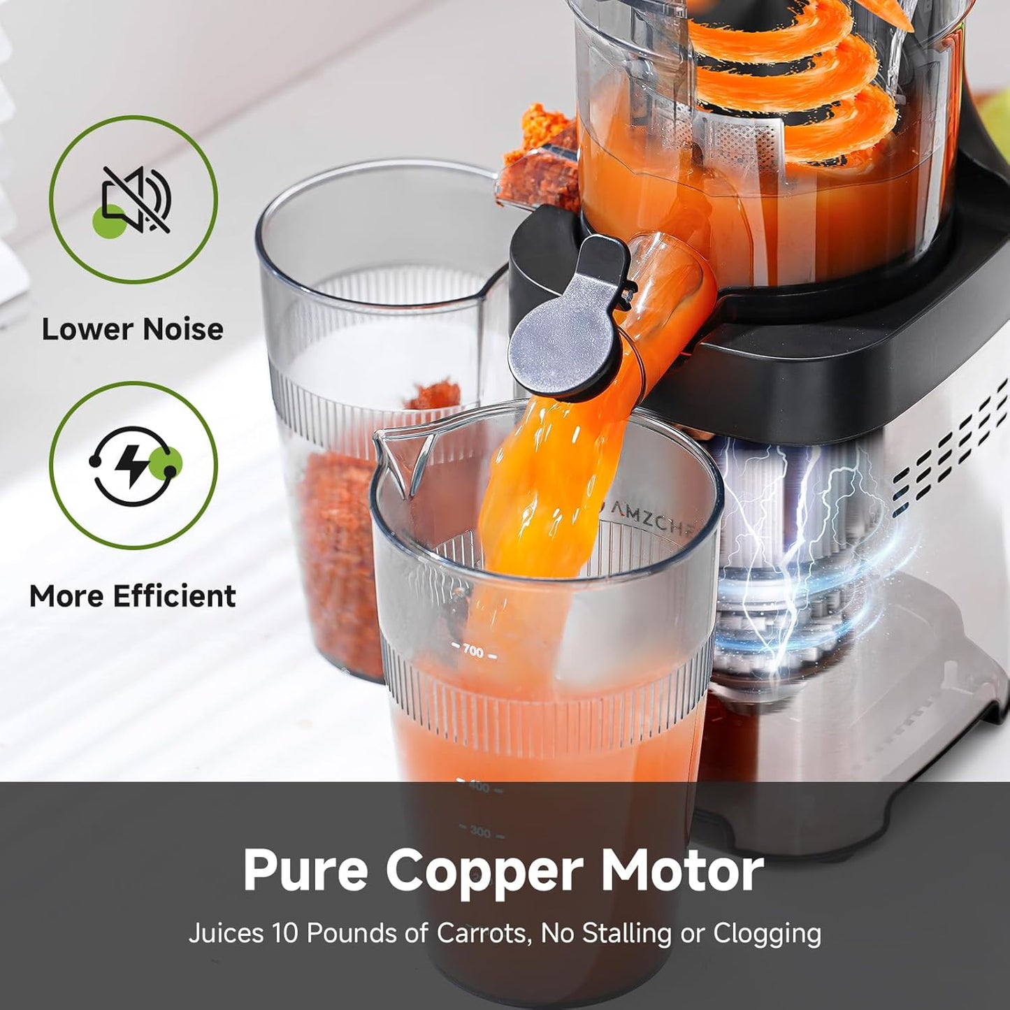 AMZCHEF Cold Press Juicer, 4.5" Juicer Machines with Large Feed Chute for Whole Fruits & Vegetables, Stainless Steel Juice Extractor with Large Auger, Dual Strainers, Easy Cleanup & Assembly