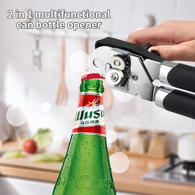 Can Opener Manual, Handheld Strong Heavy Duty Stainless Steel Can Opener, Comfortable Handle, Sharp Blade Smooth Edge, Can Openers with Multifunctional Bottle Opener