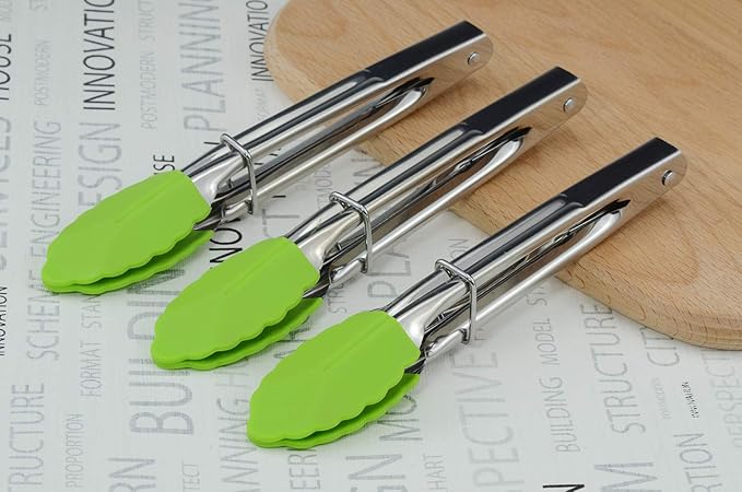 Mini Tongs with Silicone Tips 7 Inches Silicone Cooking Tongs, Set of 3 (Green)