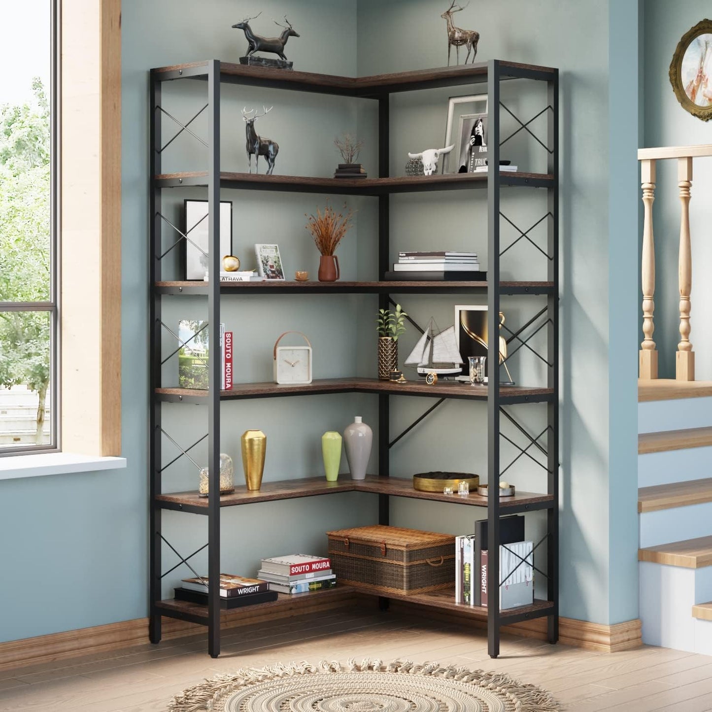 6-Shelf Corner Bookshelf, Vintage Industrial CornerBookshelf Etagere Bookcase, Large Book Shelf with Metal Frame Open Storage Corner Cabinet for Living Room Home Office（Retro Brown）