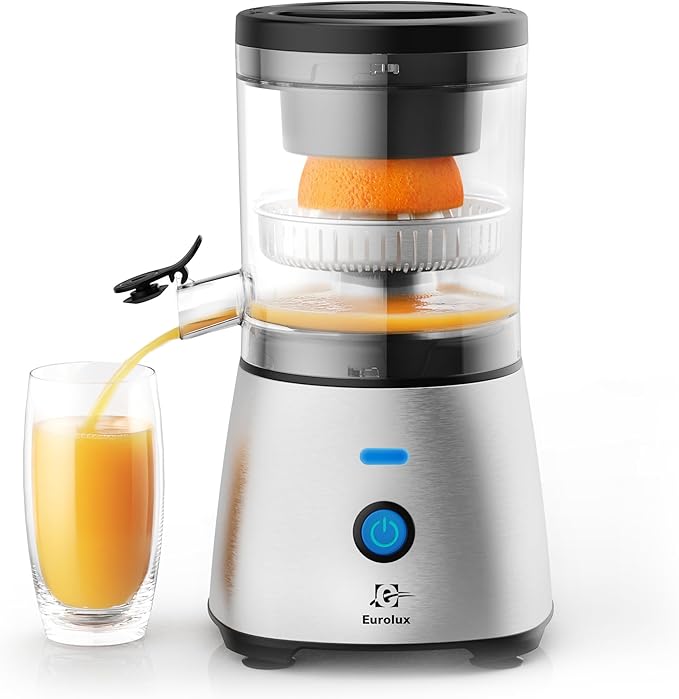 Eurolux Electric Citrus Juicer Stainless Steel | Premium Hands-Free One-Touch Orange Juice Squeezer for Oranges, Lemons, and Limes | Quiet Operation, Easy to Clean, Countertop Small Kitchen Appliance