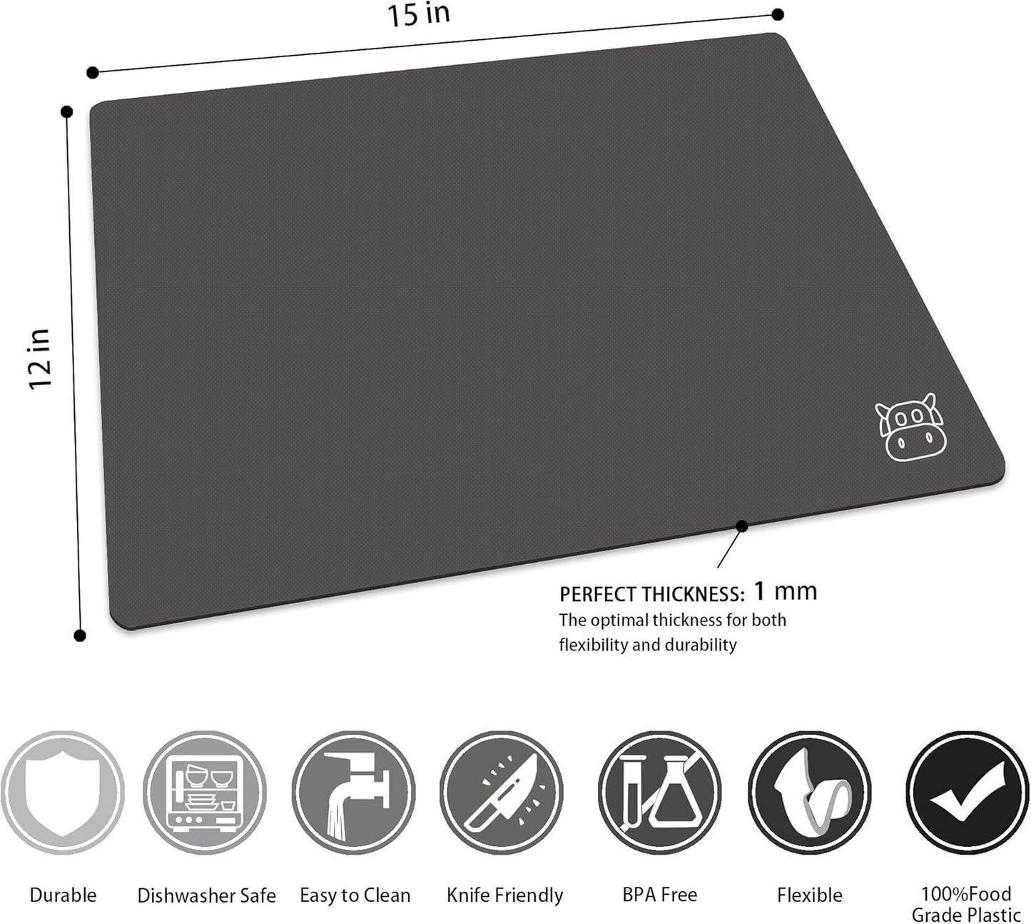 ZVP Flexible Plastic Cutting Board Set of 5 Gradient Color, Colorful Chopping Boards, BPA Free Mats, Non-Slip, Dishwasher Safe, 15x12 Inch, Gray Neutral Colors