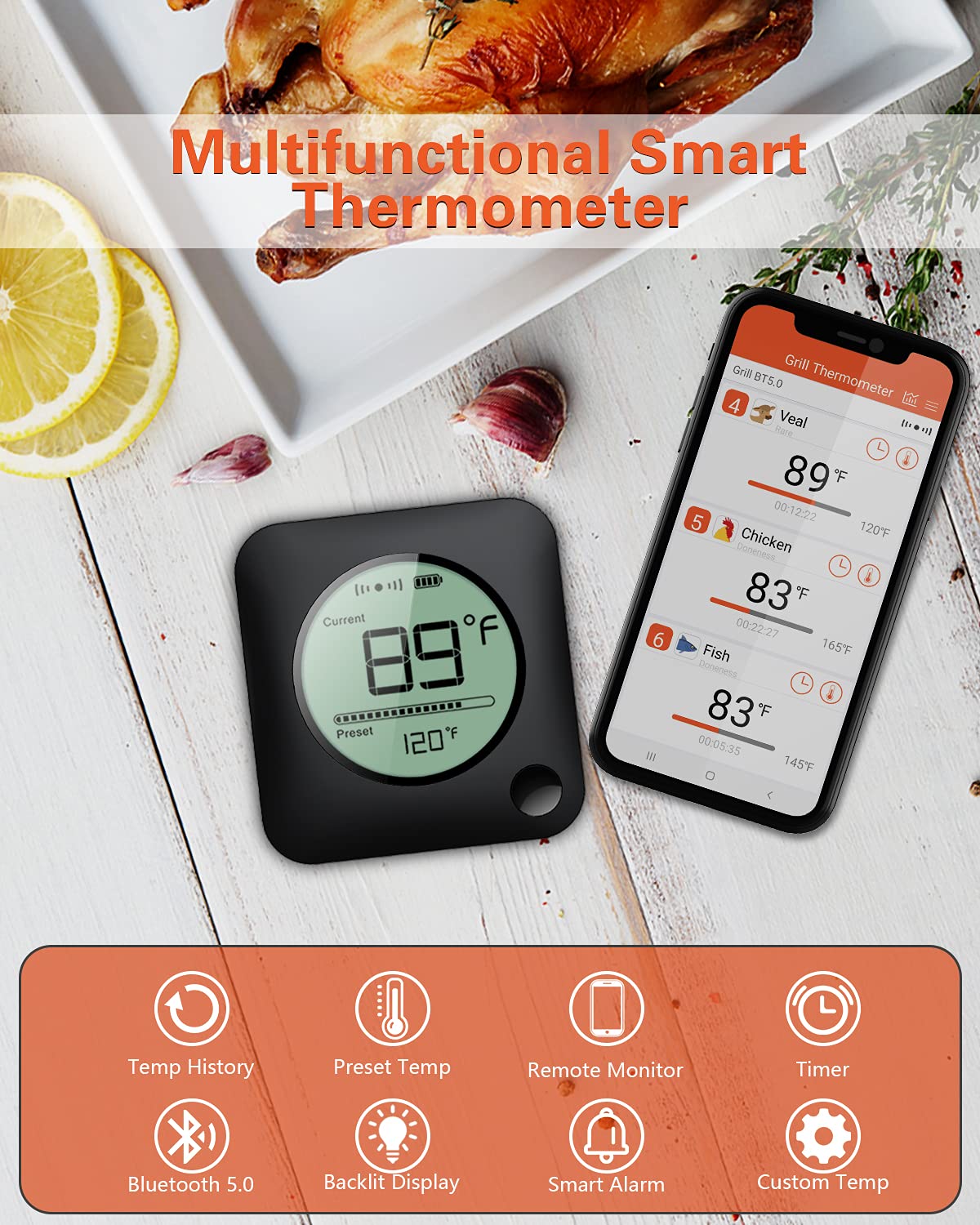 BFOUR Wireless Grill Thermometer, Bluetooth Meat Thermometer, Digital BBQ Meat Thermometer for Grilling Smoker Oven, Smart APP Alarm Monitor Instant Read with 4 Stainless Steel Probes