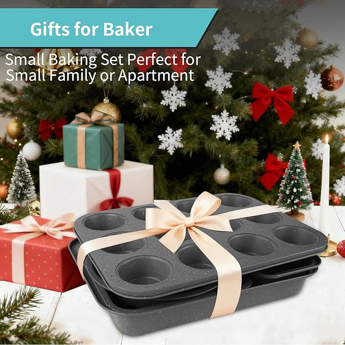 Baking Pans Set, 5 Piece Grey Marble Nonstick Bakeware with 100 Cupcake Liners – Stackable Carbon Steel Set for Small Kitchens, Apartments, Home Baking and Gifts