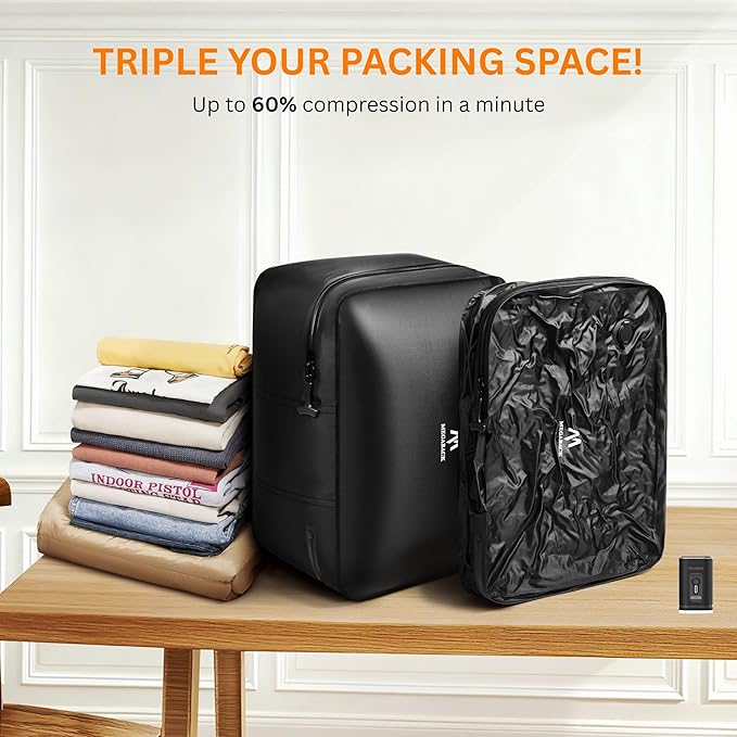 Vacuum Bags for Travel with Pump, Reusable Vacuum Compression Bags for Luggage, IP68 Waterproof, Top-open Design, Fits 20/24/28 Inch Suitcase (2PC+Pump, 43L)