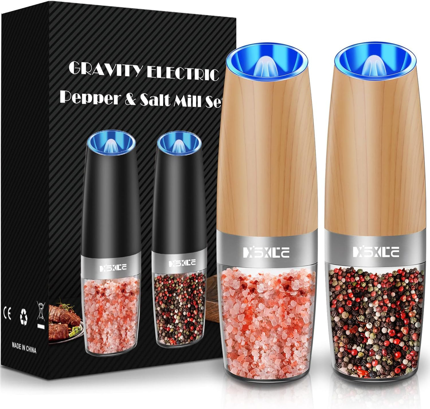 XinXu Electric Pepper Grinder, Salt or Pepper Mills & Adjustable Coarseness, with LED Light, One Hand Automatic Operation -Set/RoseRed