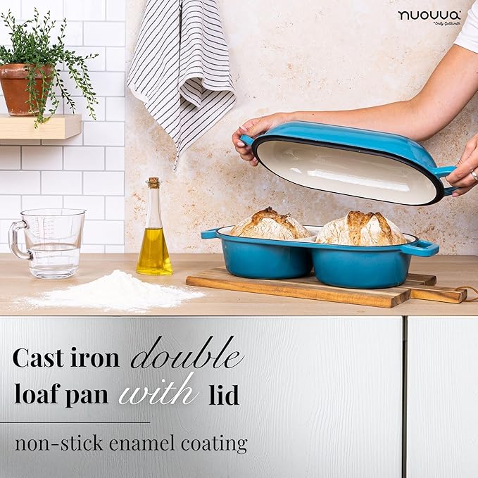 Dutch Oven For Sourdough Bread Baking – Enamelled Cast Iron Bread Loaf Pot – 500°F Oven Safe Non Stick Bread Pot – Double Round Loaf Space, 16.5cm Diameter, Light Blue, – by Nuovva