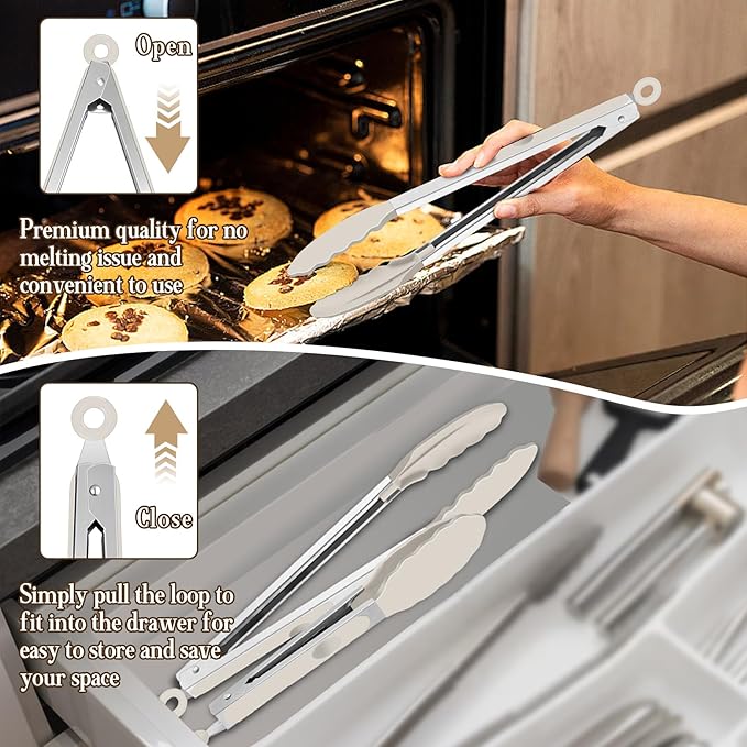 TeamFar Kitchen Tongs, 9" and 12" Stainless Steel Cooking Tongs with Silicone Tips for Cooking Grilling Serving & BBQ, Heat Resistant Silicone Tongs, Locking Design & Dishwasher Safe, Set of 2 & Khaki