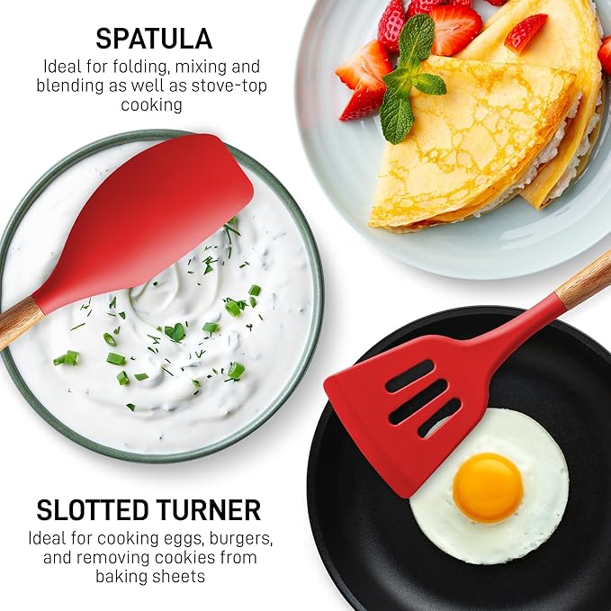 Zulay Kitchen Utensils Set Non-Stick Silicone Cooking Utensils Set with Authentic Acacia Wood Handles - 5 Piece Silicone Utensil Set - Kitchen Utensils Set with 464°F Heat Resistance - Red