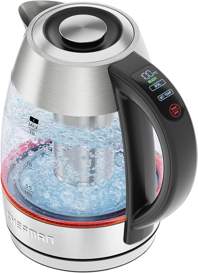 CHEFMAN Lightning High-Powered Electric Kettle, 1.8L 1750W, Rapid Boil 2 Cups in 2 Minutes, BPA Free Cordless Tea Kettle with Digital Temperature Control and 1-Hour Keep Hot – Stainless Steel