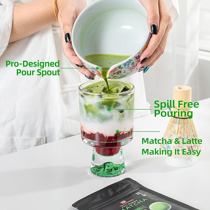 TEANAGOO Matcha Whisk Set,7 Pcs Matcha Set White,Ceremony Matcha Kit,Matcha Tea Set for Making Latte,Ceramic Bowl(chawan) whith Spout and Whisk,Gift for Matcha Lovers