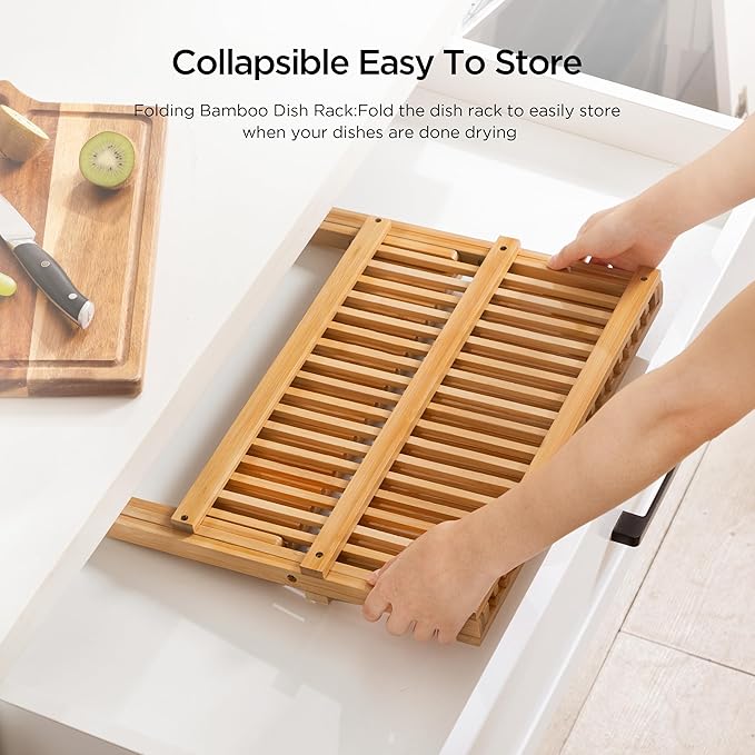 Bamboo Dish Drying Rack with Utensil Holder, 2 Tier Collapsible Dish Rack for Kitchen Counter, Large Folding Drying Holder, Dish Drainer, Kitchen Organizers and Storage