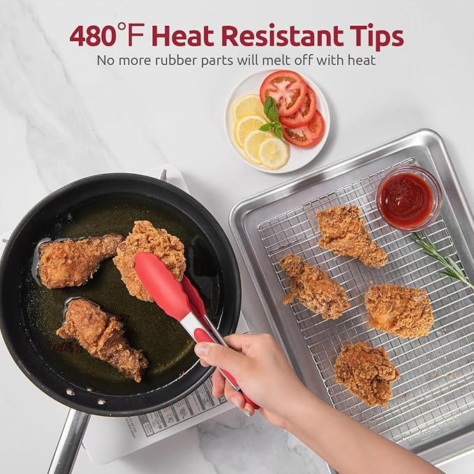 Heat Resistant Silicone Kitchen Tong: U-Taste 9 inch 480ºF Hot Proof Cooking Tong with Firm Sealed Non Stick Rubber Tips & Silicon Coated Steel Handle & Smooth Locking for Serving Grill Salad (Red)