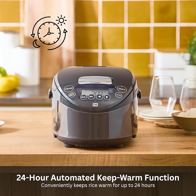 Tiger Corporation JKT-D18U 10-Cup Capacity Induction Heating Electric Rice Cooker with 12 Menu Setting, 24-Hour Keep Warm Setting, Spatula and Measuring Cup (Black and Stainless Steel)