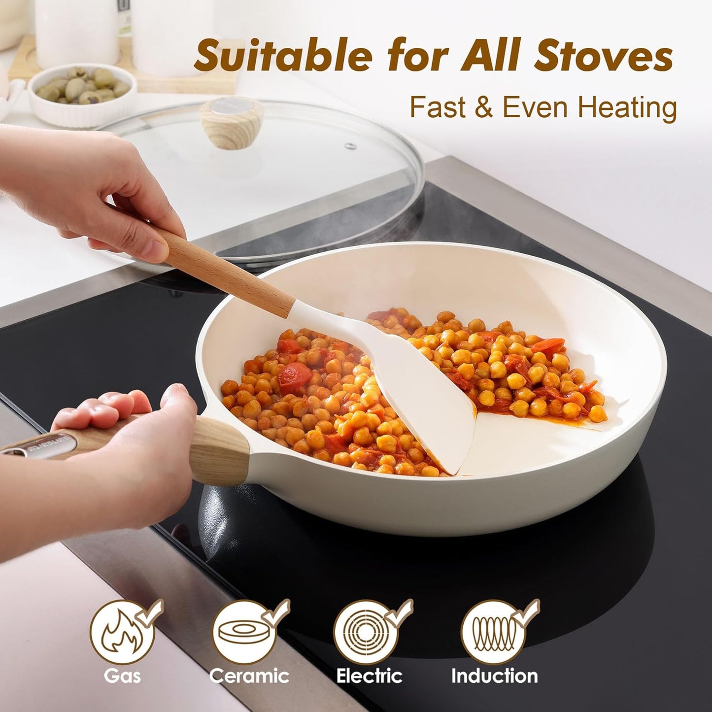 SENSARTE Ceramic Nonstick Frying Pan Skillet with Lid 11inch Non Stick Omelet Pan, Non-toxic Healthy Kitchen Cooking Chef's Pan, Free of Intentionally Added PFOA/PFAS/PTFE, Induction Compatible, White