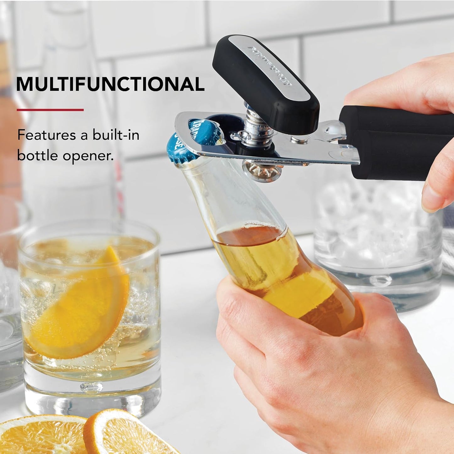KitchenAid Classic Multifunction Can Opener and Bottle Opener Easy to Use, Razor Sharp Stainless Steel Cutting Wheel, Soft Ergonomic Handles, Soft Black