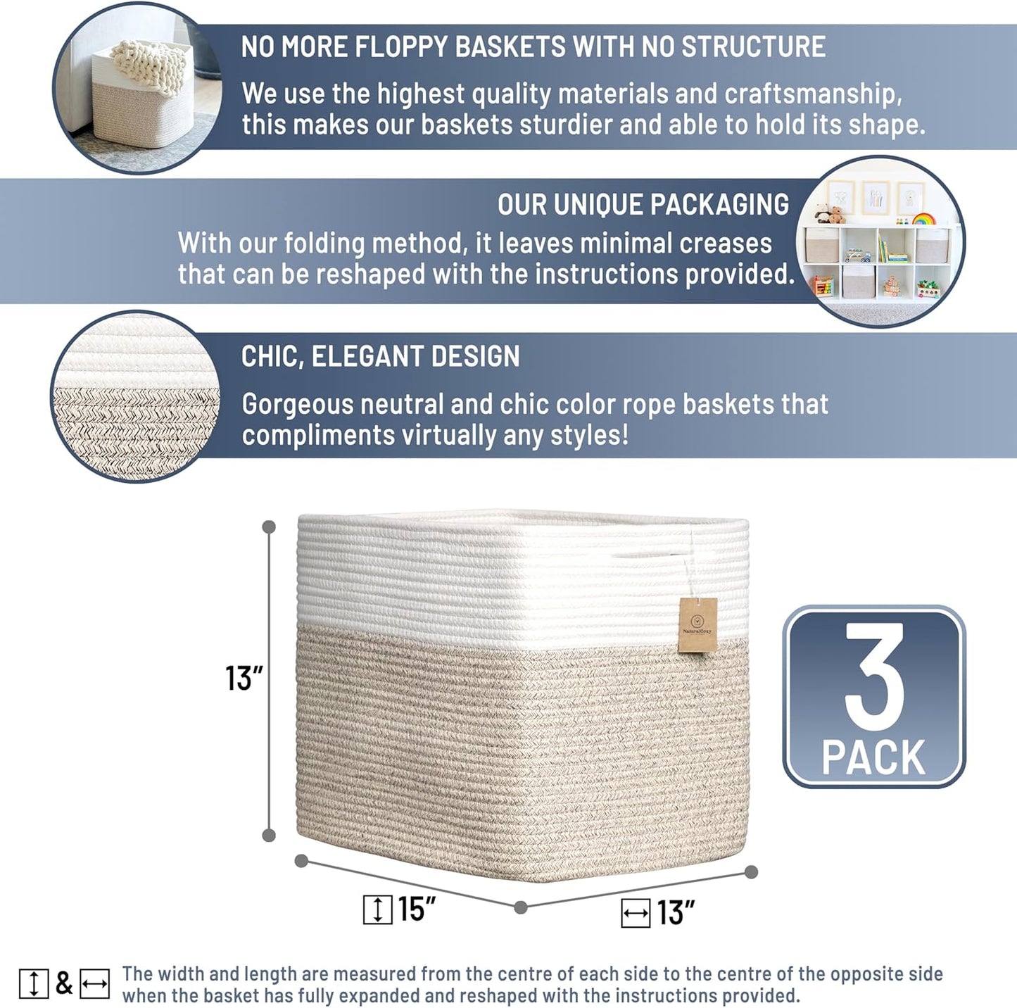 NaturalCozy 13x15x13 Kallax Storage Cubes Bins, 3 Pack | Cotton Rope Cube Storage Bin Woven Baskets for Organizing | Kallax Insert Storage Baskets for Shelves Organizer, Kids Toy, Closet Baby Nursery