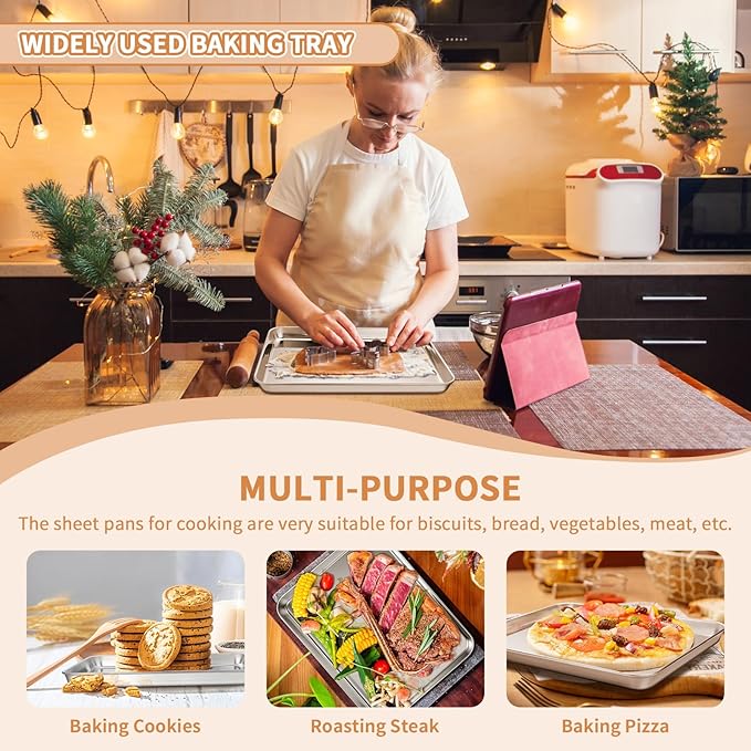Stainless Steel Baking Sheet Set of 2, Deedro Cookie Sheet Metal Baking Pan Oven Tray, Non Toxic & Heavy Duty, Rust Free & Mirror Finish, Easy Clean & Dishwasher Safe, 12 x 10 x 1 Inch