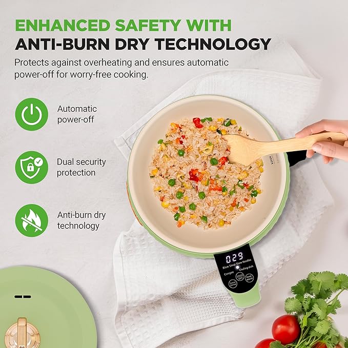 NutriChef 1.6 QT Portable Electric Rice Cooker & Lunch Maker | Multi-Functional & Non-Stick Ceramic Coating | Digital Control Panel | 6 Cook Functions: Rice, Soup, Stew, Porridge & More | Green