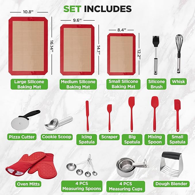 NutriChef 23-Piece Essential Baking Utensils Set – Measuring Cups and Spoons, Scraper, Oven Mitts, Whisk, Silicone Baking Mats and More - Dishwasher Safe, Perfect for Baking and Cooking (Black)