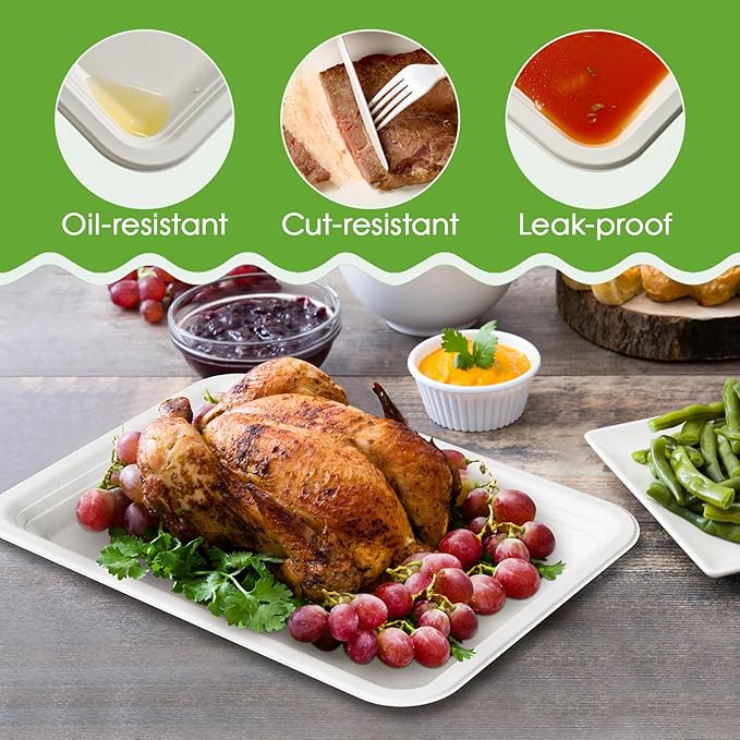 ECOLipak 50 Pack 14 Inch Disposable Food Crawfish Trays, Compostable Large Paper Plates, Disposable Thanksgiving Trays for Serving Food, Turkey, BBQ, Seafood Boil Party Supplies(White)