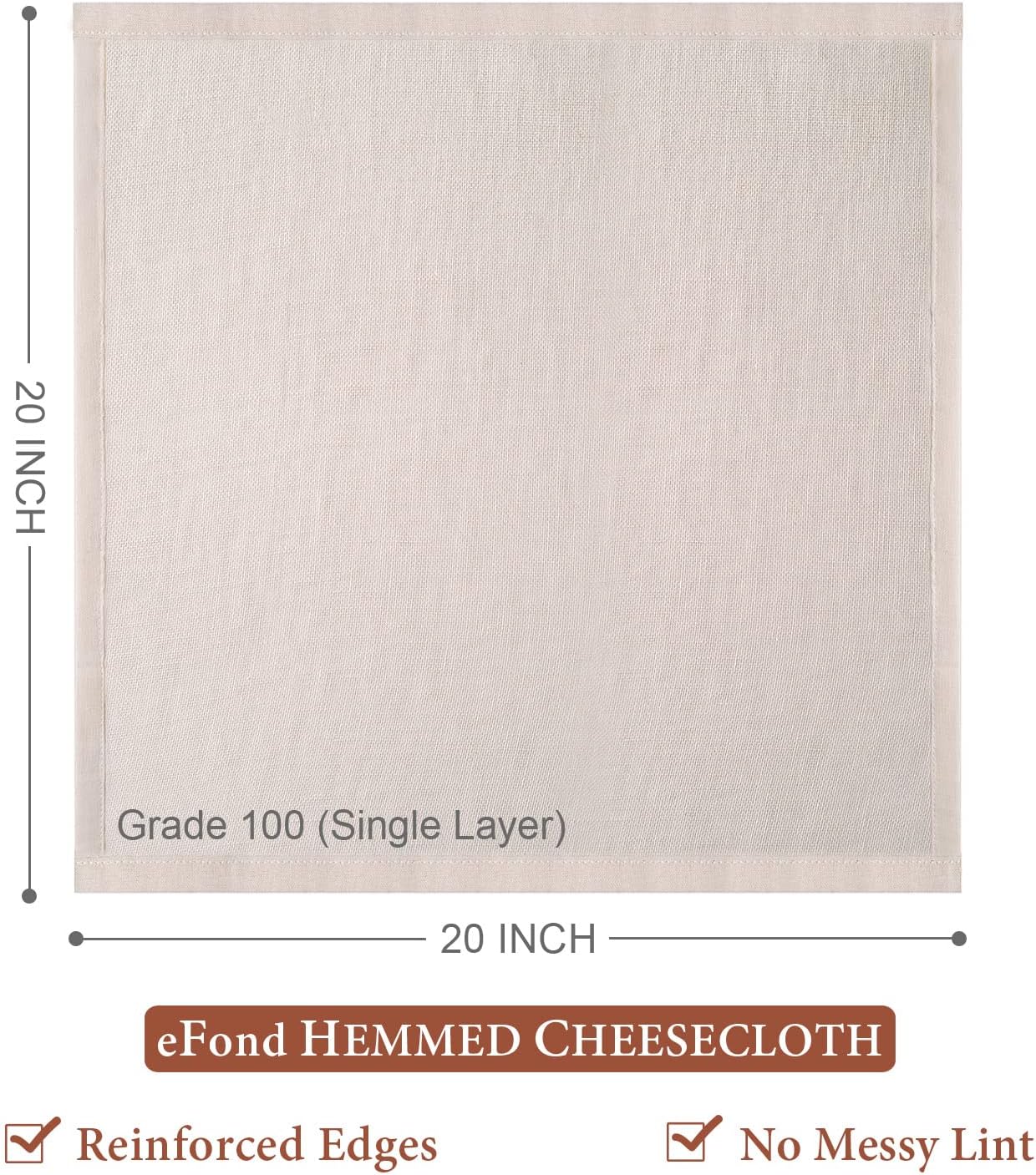 eFond Cheese Cloths | 8-Pack, 20x20Inch Squares with Hemmed Edges | Grade 100 Ultra Fine Reusable Cheesecloth for Straining | Unbleached Cotton Muslin Cloths | For Nut Milk, Butter, Baking & Cooking