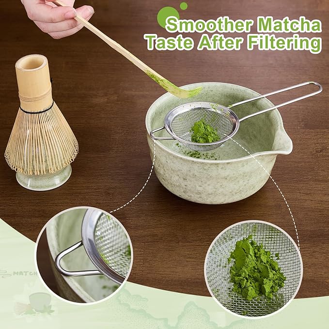 5Pcs Matcha Whisk Set - Matcha Bowl with Spout, 100% Bamboo Whisk (Chasen), Holder, Stainless Sifter, Tea Scoop. Japanese Ceremony Matcha Kit for Beginners, Ideal Gift for Tea Lovers (Green)