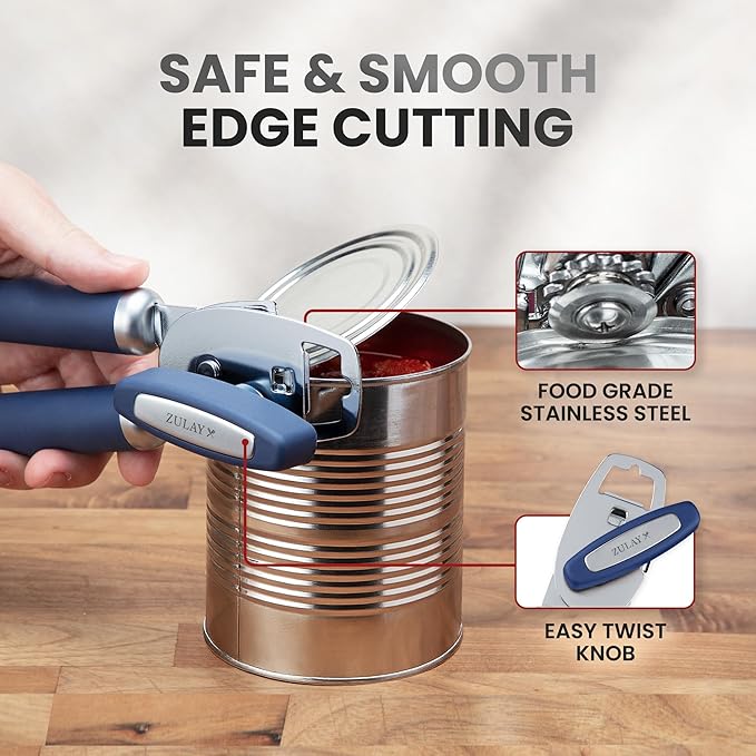 Zulay Kitchen Heavy Duty Stainless Steel Can Opener Manual with Bottle Opener - Rust Proof Manual Can Opener With Turn Knob & Comfy Soft Grip Handles - Blue