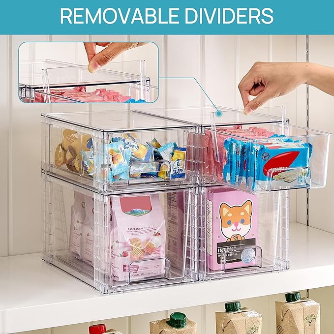 Vtopmart 4 Pack Clear Stackable Storage Drawers,Easy to Assemble Bathroom Organizers and Storage with handles,Plastic Drawers for Kitchen Pantry,Cabinet,Under Sink Organization