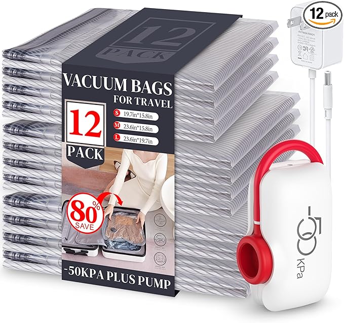 VMstr 12 Pack Vacuum Seal Bags for Clothing Travel, Carry-on Size for Luggage Compression Packing, Space Saver Bags with High Pressure Electric Pump (DC Power)