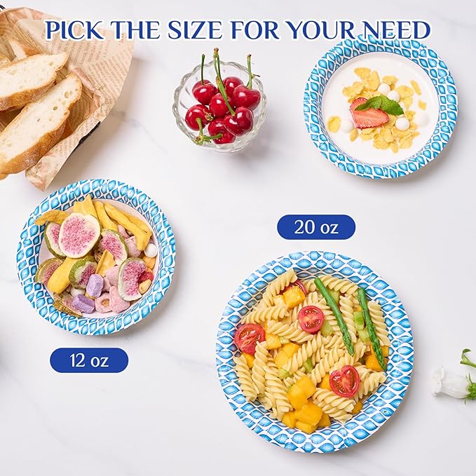 MUCHII 12 Oz Paper Bowls 200 Counts Disposable Bowls, Printed Soak Proof Small Bowls for Breakfast, Lunch, and Dinner Meals