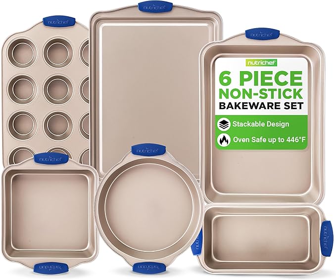 NutriChef 6-Piece Nonstick Bakeware Set - Premium Carbon Steel Baking Trays w/Heat-Safe Silicone Handles - Includes Loaf Pan, Muffin/Cupcake Pan, Round & Square Roaster Pans, Cookie Sheet - NCSBSG36
