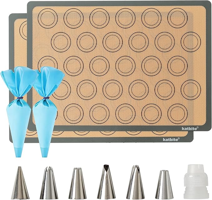 Macaron Silicone Baking Mats, Katbite Silicone Macaroons Baking Mat Set of 2 Half Sheet (11 5/8" x 16 1/2") Reusable & Nonstick Macarons Baking Supplies Silicone Bakeware Mats for Macarons Cookies