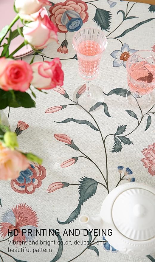 ISAENNE Designer Chinoiserie Linen Floral Table Cloth for Rectangle Table,White Wrinkle Resistant Tablecloth,Elegant Decor Tablecloths for Dining Thanksgiving Kitchen Party,55"*79"-Daffy