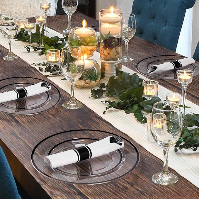 Goodluck 350 Piece Black Plastic Dinnerware Set for Party, Clear Disposable Plates for 50 Guests, Include: 50 Dinner Plastic Plates, 50 Dessert Plates, 50 Pre Rolled Napkins with Cutlery Set, 50 Cups