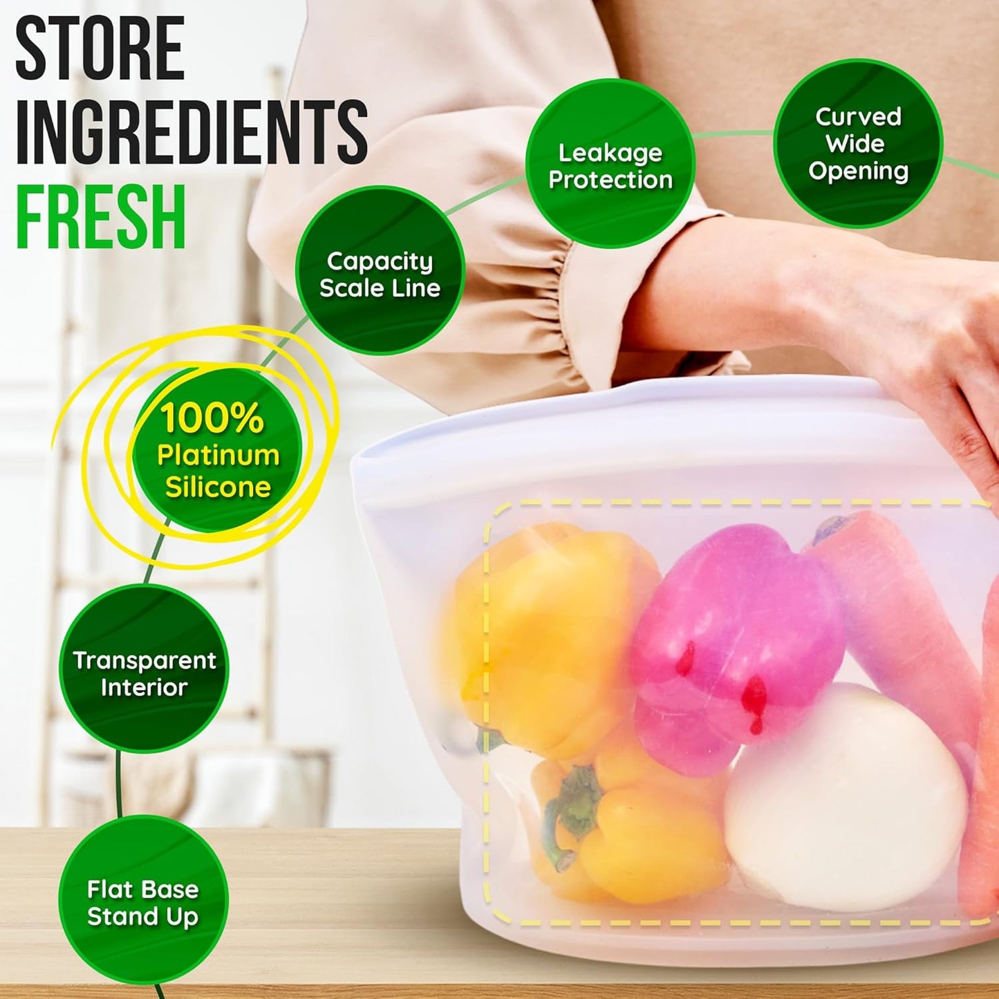 Reusable Silicone Food Storage Bags 6.3Cup (53oz), Airtight Food Storage Containers Food Grade Silicone Snack Bags, BPA Free Food Storage Container, Microwave Safe, Sous Vide Container, Dry Rose