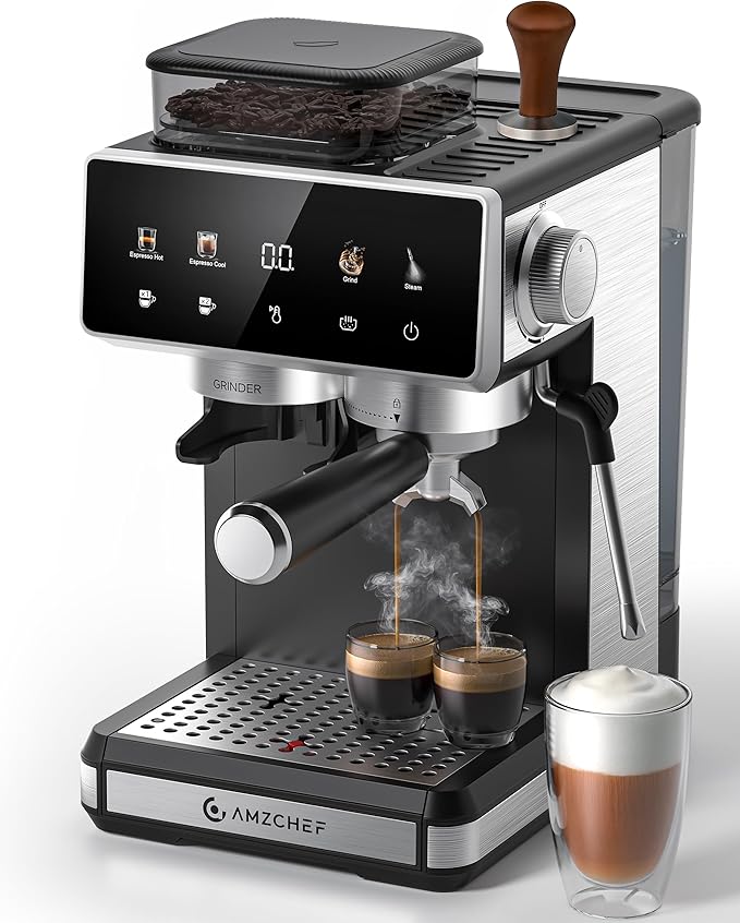 AMZCHEF Espresso Machine with Grinder, 3 Temp 197-205℉ Professional Espresso Machine, 3-10s Pre-Infusion, 20 Grind Settings, Latte Cappuccino Maker Home Barista, Black