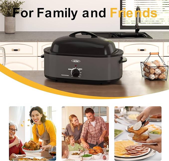 Sunvivi Roaster Oven with Self-Basting Lid,20 Quart Electric Roaster with Removable Pan & Rack,150-450°F Full-Range Temperature Control with Defrost/Warm Function,Stainless Steel,Grey
