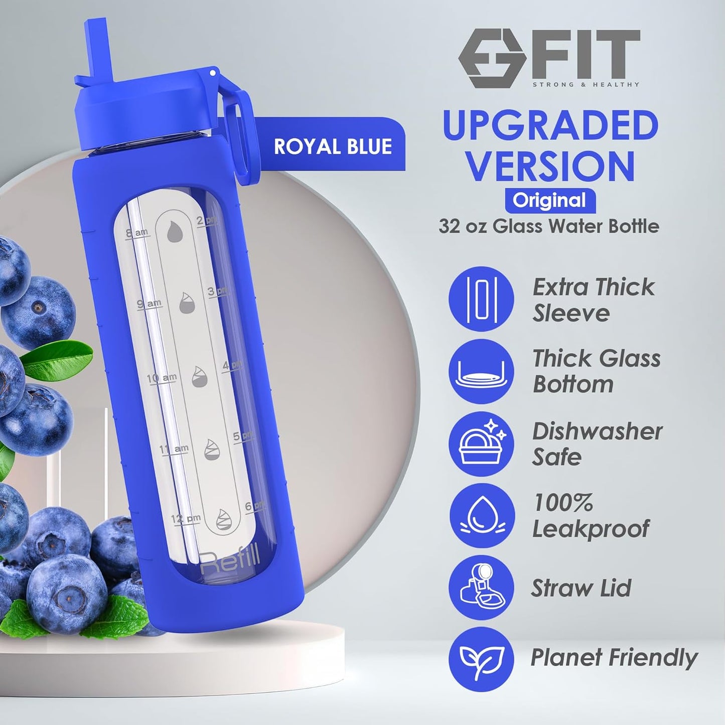 FIT Strong & Healthy 32 oz Glass Water Bottle with Straw Lid, Time Marker, Sleeve & Extra Lid - Motivational, Wide Mouth 1 Liter Glass Drinking Bottle