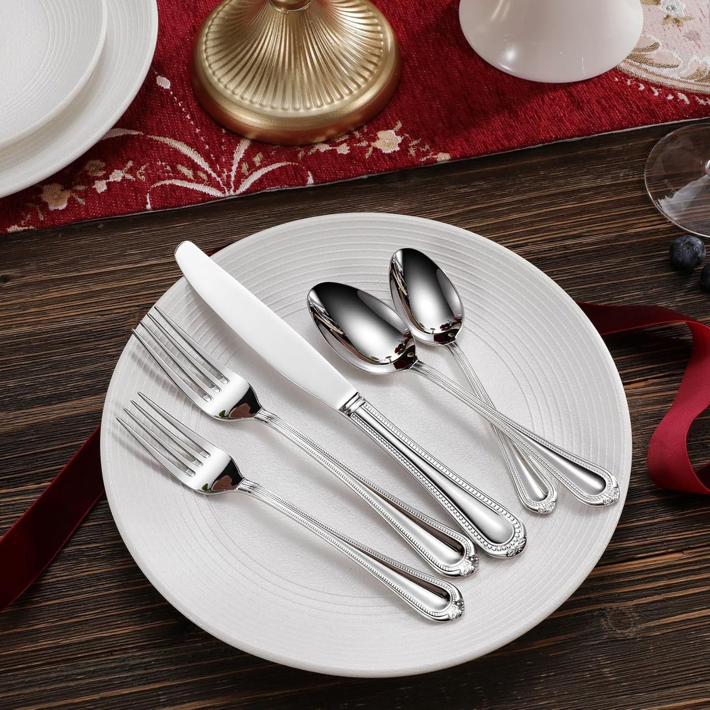 KEAWELL Pearl Edge Premium 45-Piece Refined Bead Silverware Set, 18/10 Stainless Steel, Service for 8, Fine Flatware Set with Serving Utensils, Dishwasher Safe (45, Silver)