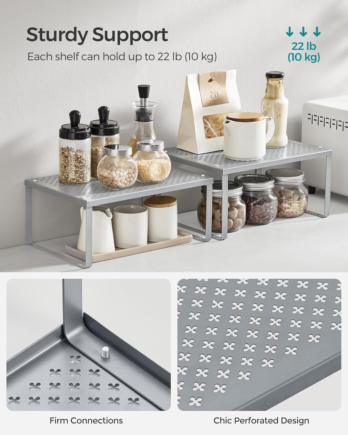SONGMICS Spice Racks, Set of 2 Metal Cabinet Shelf Organizers, Countertop Organizers, Shelf Risers, Stackable, Expandable, Silver UKCS01SV