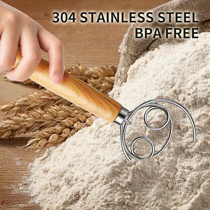 TEEVEA Danish Dough Whisk Stainless Steel Dough Hook Dutch Whisk for Sourdough Bread Dough Mixer Hand Wooden Handle Kitchen Whisking Mixing Tool Bread Making Tools and Supplies