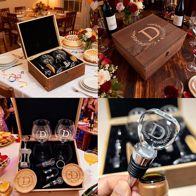 GZLDGIFTS Personalized Initial Wine Glasses Box Gift Set for Women Mom Engraved Birthday Monogrammed Wooden Wedding Anniversary Wine Couples Stopper Opener Initial Letterr (P Set)