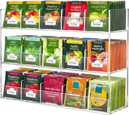 BEYGORM Acrylic Tea Bag Organizer for 270 Tea Packets, No Assembly Required Display Holder for Countertop, Vertical Tea Bag Caddy for Cabinet, Tea bar Accessories, Teabags Storage Containers