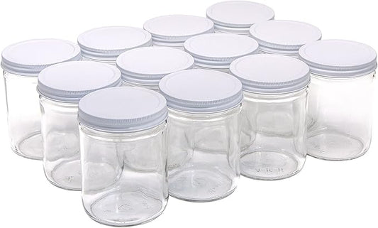 North Mountain Supply 16 Ounce Glass Wide Mouth Straight-Sided Canning Jars - with White Metal Lids - Case of 12