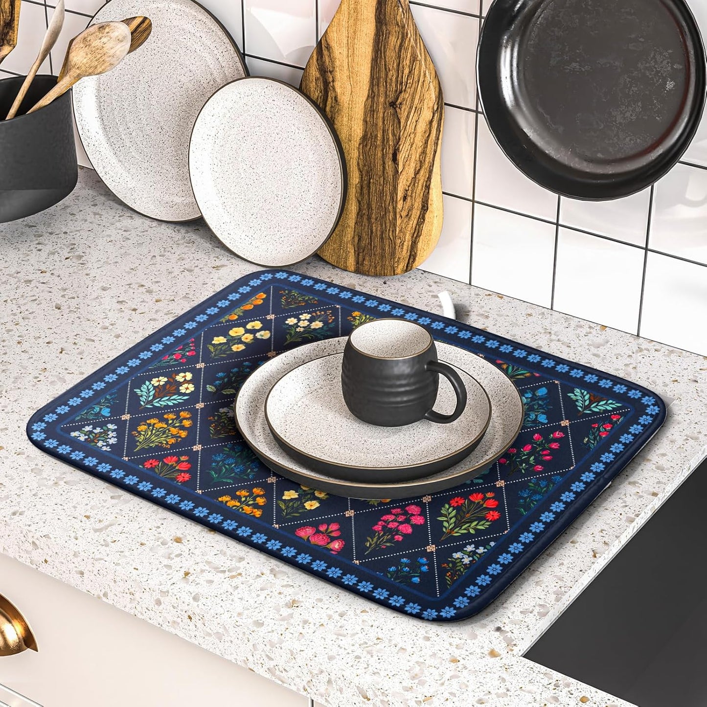 Lapis Blue Dish Drying Mat for Kitchen Counter Flowers Microfiber Absorbent Dish Draining Reusable Washable Small